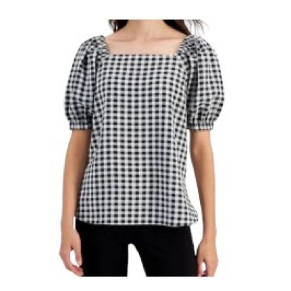 Anne Klein Puff-Sleeve Gingham Seersucker Anne Black/Anne White XS NWT